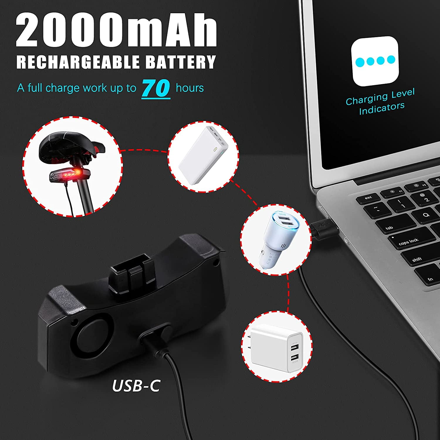 Wsdcam 5-in-1 Smart Bike Tail Light with Turn Signals and Brake Light, Bike Horn Bike Alarm USB Rechargeable Bike Rear Light with Remotes