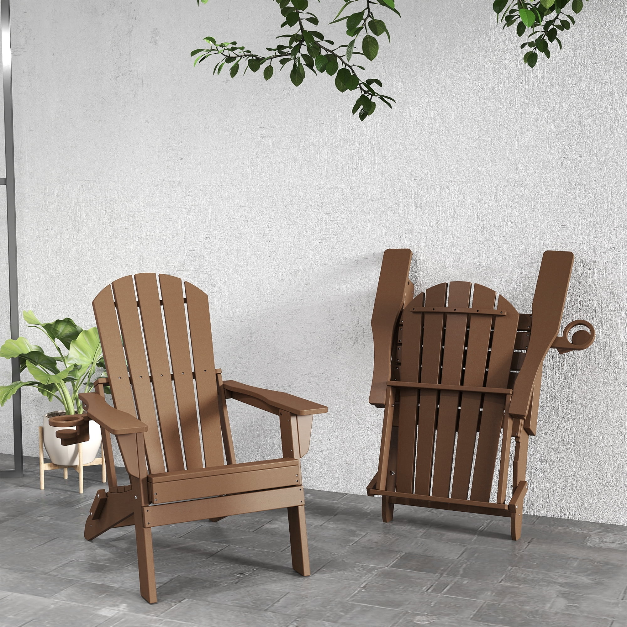 FOOWIN HDPE Folding Adirondack Chair, Fire Pit Chairs with Cup Holder, Brown