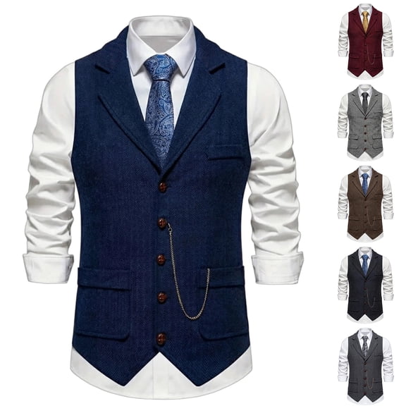 Men's Tweed Suit Vintage Vest with Chain Herringbone Prom Waistcoat Groomsmen Khaki XXXL