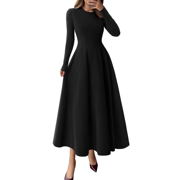 Vestido PRETTYGARDEN 2025 Elegante de Manga Larga Midi Negro Talla L