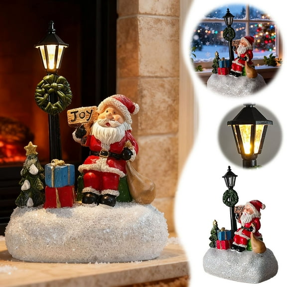 Lighted Christmas Decorations Indoor, 1pc, Santa Claus Figurine with Lamp Post, LED Xmas Village Accessory, Tabletop Holiday Centerpiece for Mantel, Battery Operated Resin Santa, Home Decor Gift