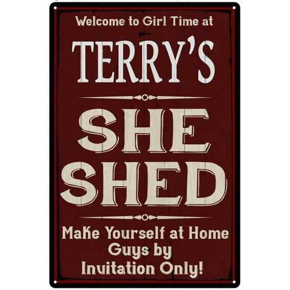 TERRY'S She Shed Red Sign Lady Cave 8 x 12 High Gloss Metal 208120088256