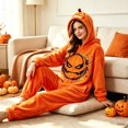 thumbnail image 6 of YUEHUA Men Women Soft Hooded Fleece Onesie, Unisex Zip Front One Piece Pajamas, Halloween Orange Pumpkin Face Graphic Casual Relax Home Loungewear, 6 of 8