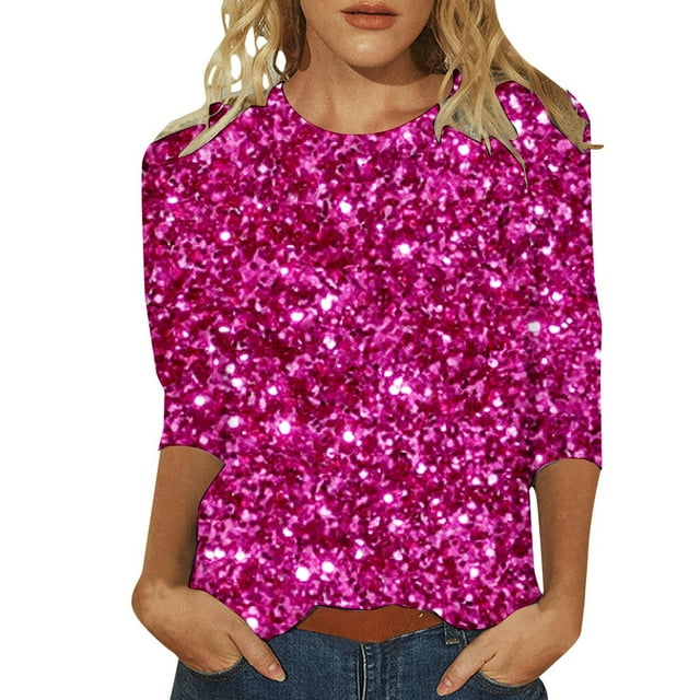 Tiweut Hauts Décontractés pour Femmes Mode Manches 3/4 à Sequins Col Rond Coupe Ample T-Shirts pour Femme Rose Vif