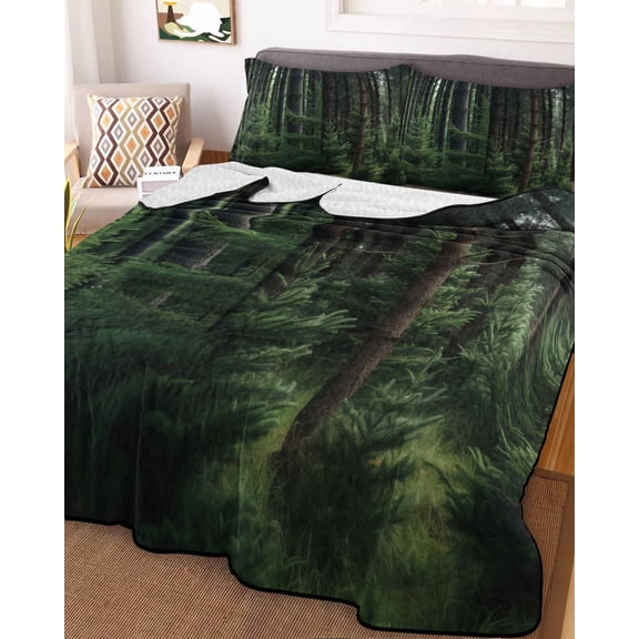 Green Forest King Size Down Alternative Comforter, Lightweight Comforter Quilt Bedding Set with Pillow Shams Mysterious Primitive Forest Pine Tree All Seasons Bed Comforter Duvet Insert 96"x106"