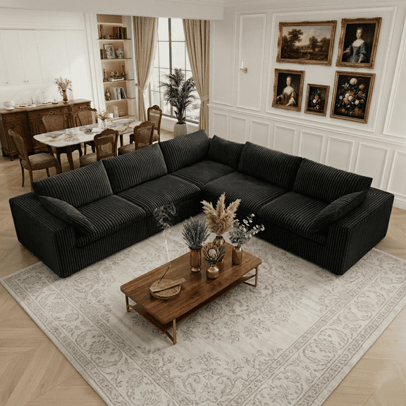 Eyisean 118.2" Corduroy Modern V Shaped Corner Sofa, Comfy Modular Sectional Cloud Couch with Pillows, Deep Seat Upholstered Sofa Set, Fluffy Boneless Couches for Living Room, No Assembly