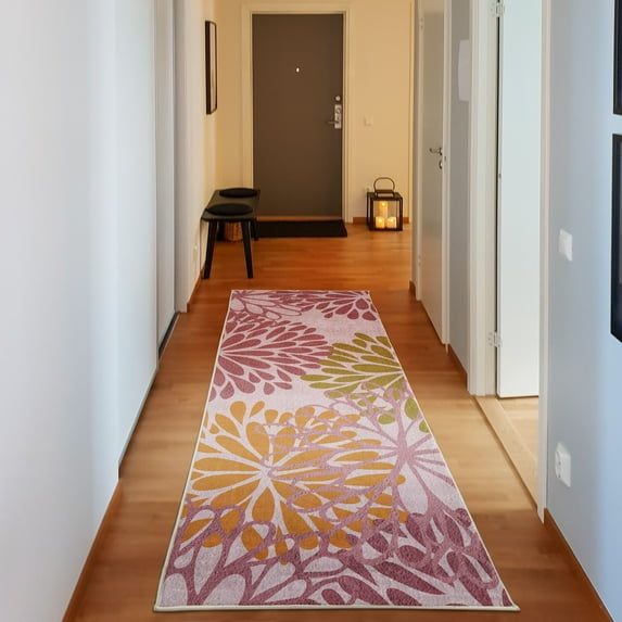 Flower Decorative Rug, Modern Dahlia Inspired Petals Blossom Abstract Garden Artwork Design Print, Quality Carpet for Bedroom Dorm and Living Room, 6 Sizes, Pink Orange Green, by Ambesonne