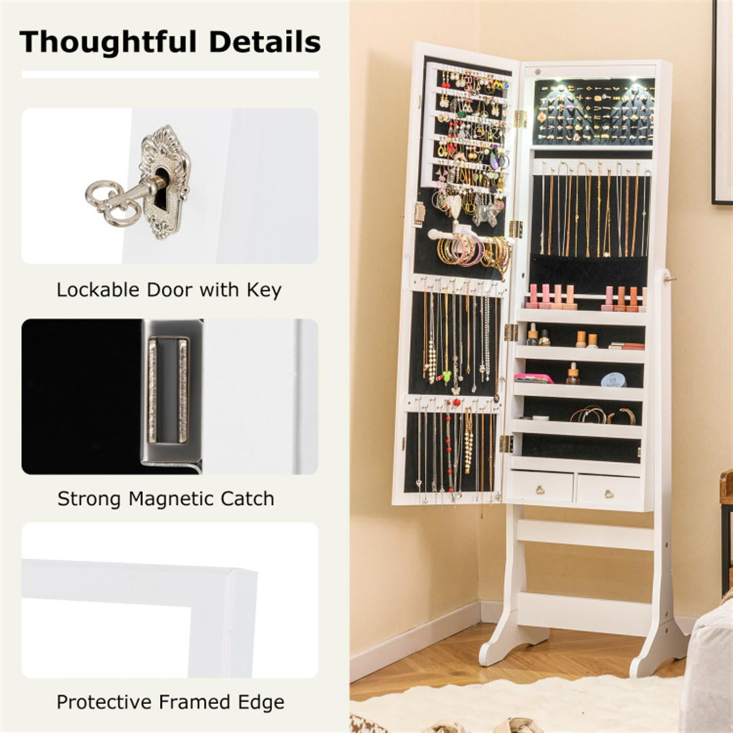 Demi Bonn Freestanding Rolling Floor Standing Jewelry Armoire with Full-Length Mirror and Lights, Lockable Makeup Storage Organizer, White