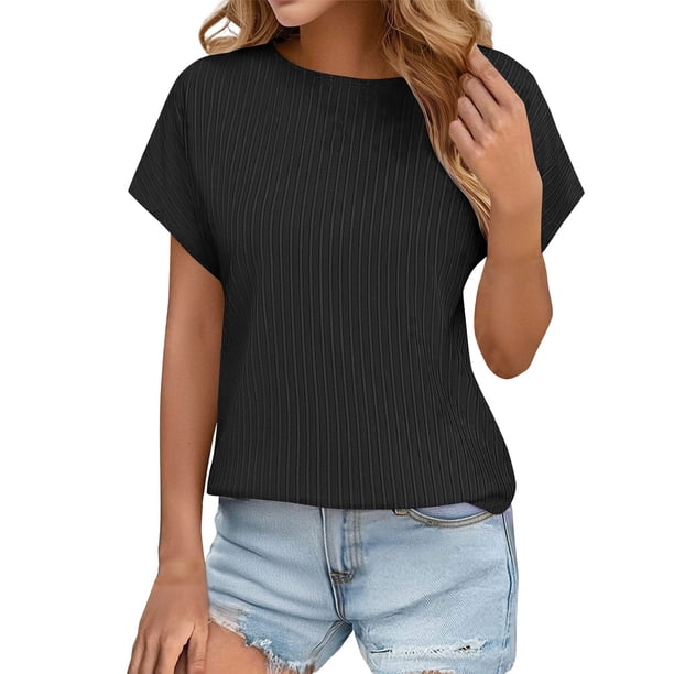 Tops de Verano de Mujer Suelto Ajuste Primavera Y Verano Suéter Casual Color Sólido Manga Corta Cuello Redondo, Camiseta Suelta de Poliéster
