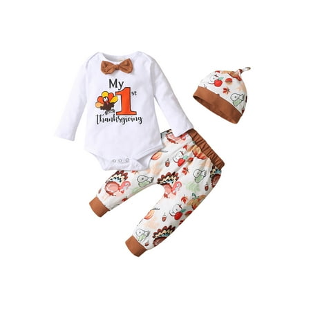 

Bebiullo My 1st Thanksgiving Day Newborn Baby Boy Girl Bow Long Sleeve Romper Turkey Print Harem Pants Hat 3Pcs Outfit White 0-3 Months