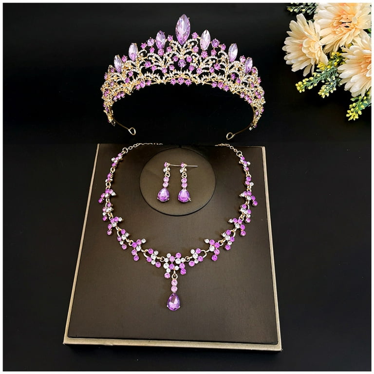 Jewelry 3 Pieces with Glittering Rhinestones Wedding Tiara Crown Hanging  Necklaces Drop Earrings for Valentine's Day Christmas Gift 