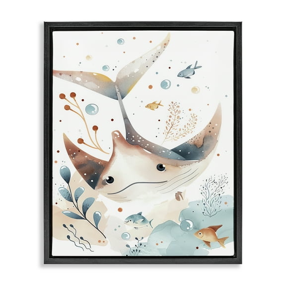 Stupell Industries Smiling Manta Ray Animals Painting Black Floater Framed Canvas Art Print Wall Art, 17 x 21