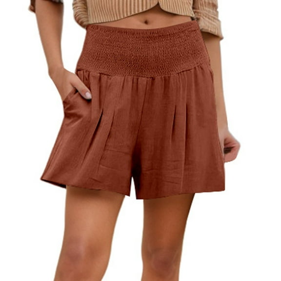 Women's Summer Shorts Solid Color Elastic Waist Wide Leg Casual Loose High Waisted Short with Pockets S-5XL