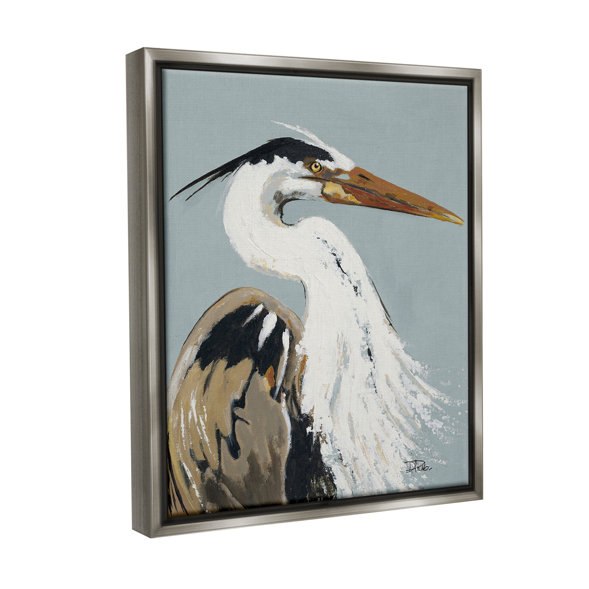 Stupell Industries Heron Looking Right Animals & Insects Painting Gray Floater Framed Canvas Art Print Wall Art, 17 x 21