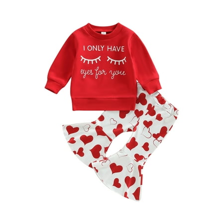 

Toddler Baby Girl Valentine s Day Clothes Set Letter Print Long Sleeve Sweatshirt Tops + Heart Flare Pants Outfits