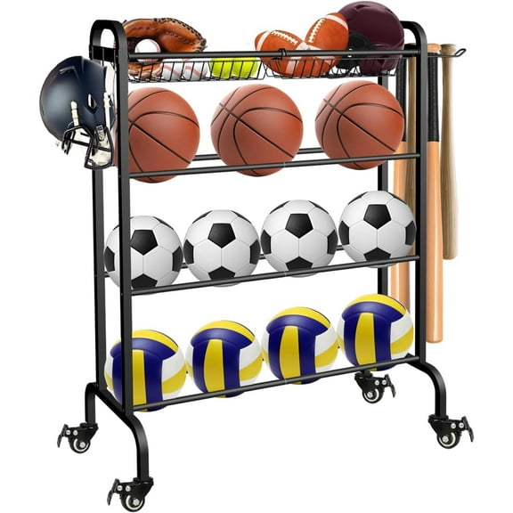 Ball Rack Organizer with Wheels, 4Tier-Rolling Basketball Racks Holder for Balls, Sports Equipment Storage Stand Organizer for Basketball, Football, Soccer and Volleyball, Black
