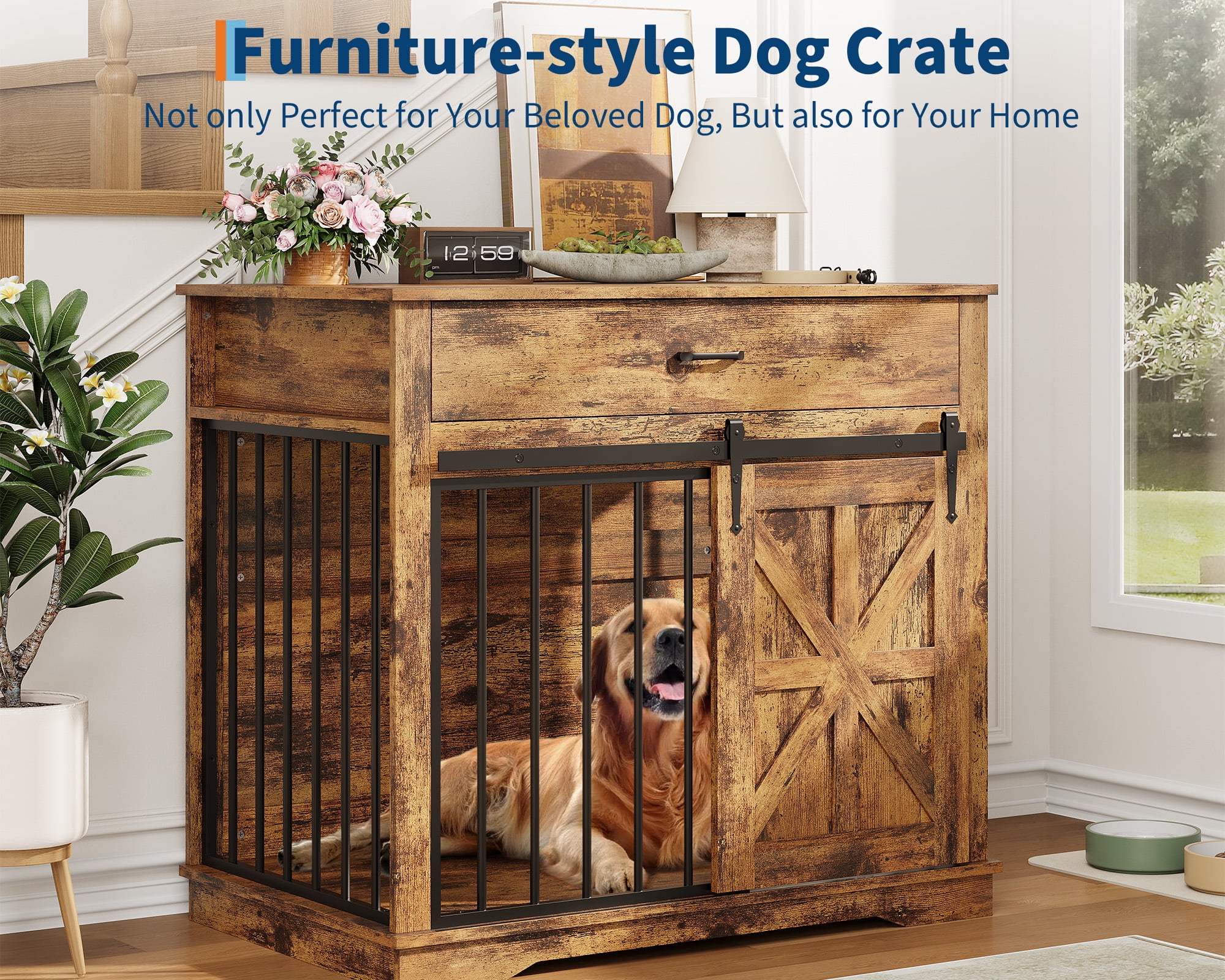 Danolapsi Farmhouse Style 2-in-1 Dog Crate,37.8" Dog Crate Furniture with Sliding Barn Door for Small/Medium Dogs, Dual Function as Side Table with Storage Drawer, 2-in-1 Iron-Wood Fusion Design
