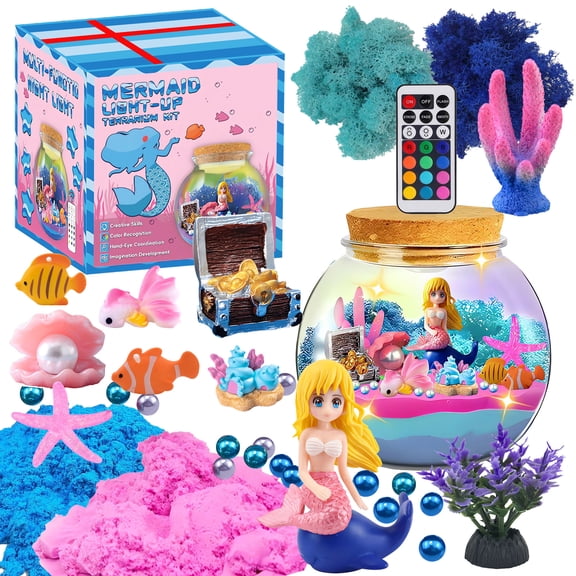 Mermaid Terrarium Craft Kit for Kids, 13 Colors LED Night Light with Remote, Creative Birthday Gift for Girls Age 3-12, DIY Your Own Ocean Theme Decor