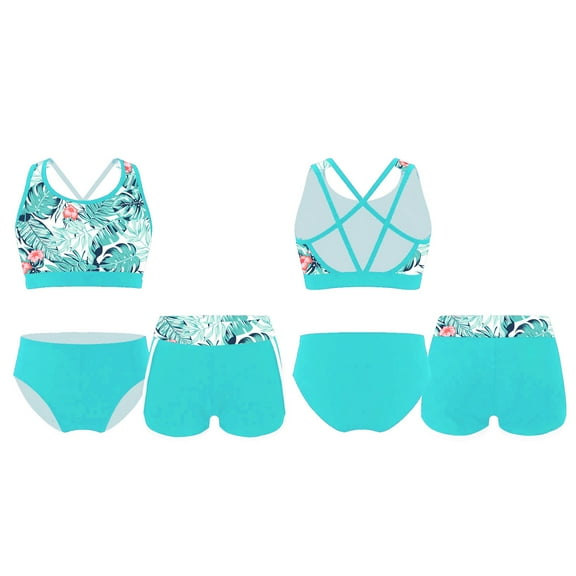 YONGHS Kids Girls 3Pcs Tankini Swimsuit Crop Top with Boyshorts Briefs Bathing Suit Green Palm Leaf 6