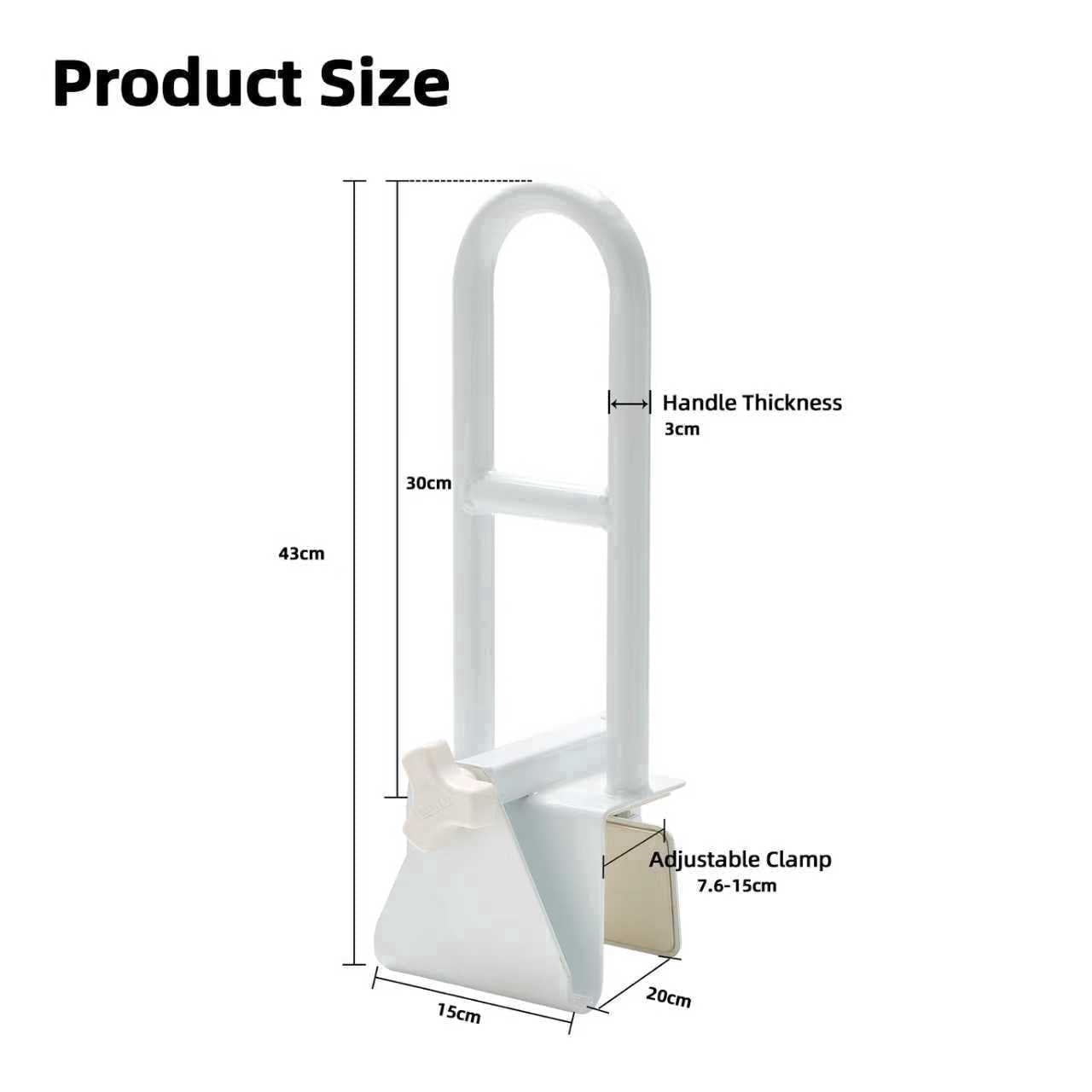 YUANLIN Adjustable Clamp-on Bathtub Grab Bar, White, Height-Adjustable Safety Rail, 6.6lbs