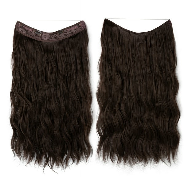 Xiao Hua Extensiones de cabello de alambre, gruesas, rizadas, onduladas, invisibles, con clip de línea de pescado, sintéticas, para mujer, 20 pulgadas, color marrón oscuro