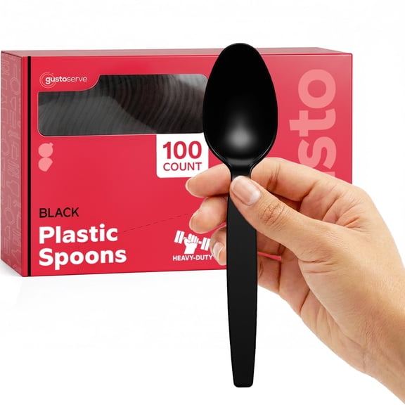 GUSTO Basic Plastic Spoons Heavy Duty Disposable Utensils, Black 100-Pack
