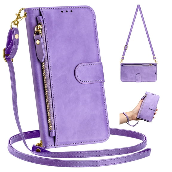 Crossbody Wallet Case For Samsung Galaxy S26 Ultra, PU Leather Flip Stand Case with [RFID Blocking] Card Holder, Zipper Pocket Handbag Magnetic Snap Shockproof Phone Case with Wrist Strap,Purple