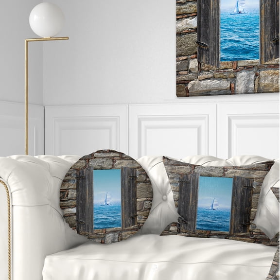 Designart Window Open To Sailing Boat - Seascape Throw Pillow - 12x20