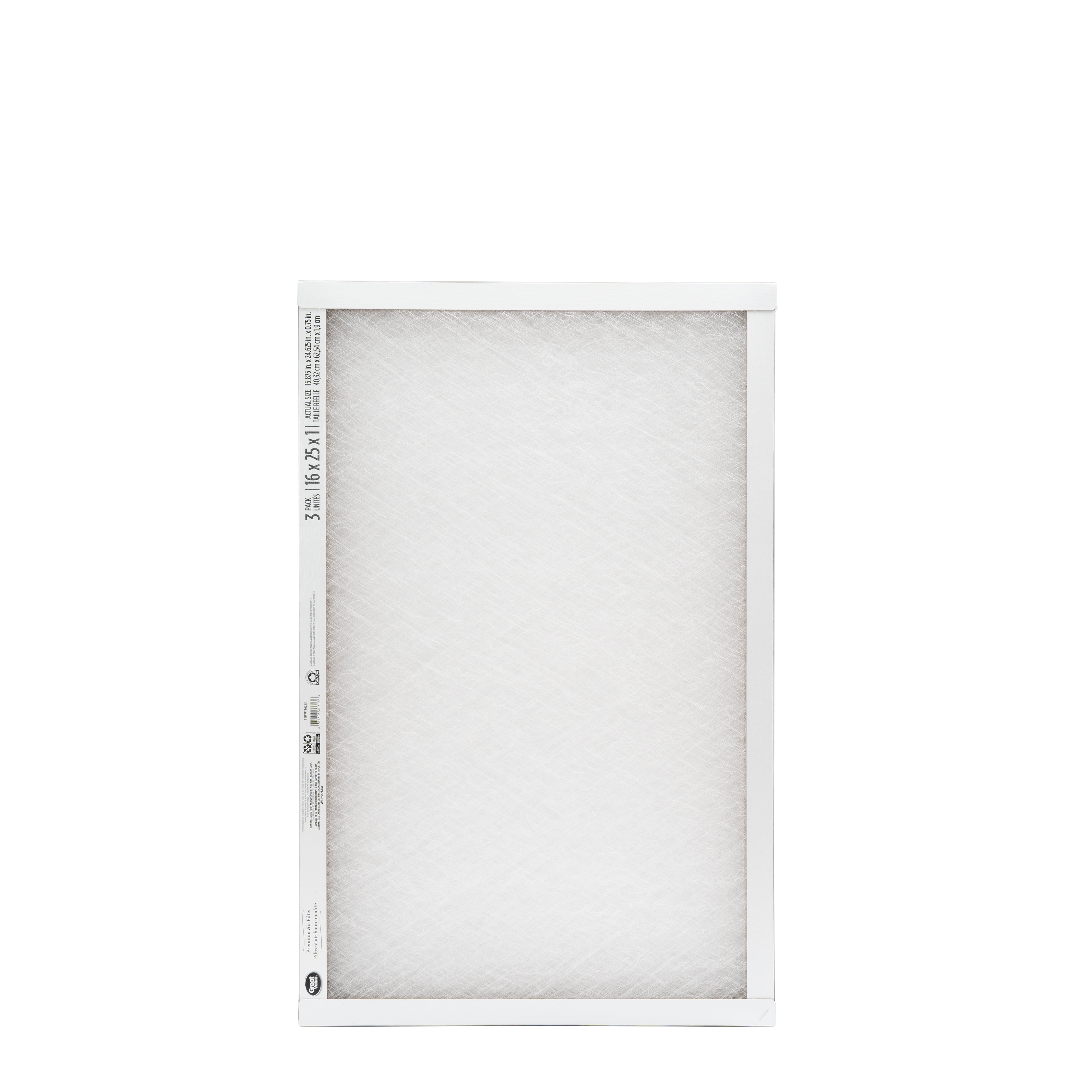 Filtre à air en fibre de verre 16 x 25 x 1 Great Value MERV 2 Filtre à air en fibre de verre 3PK