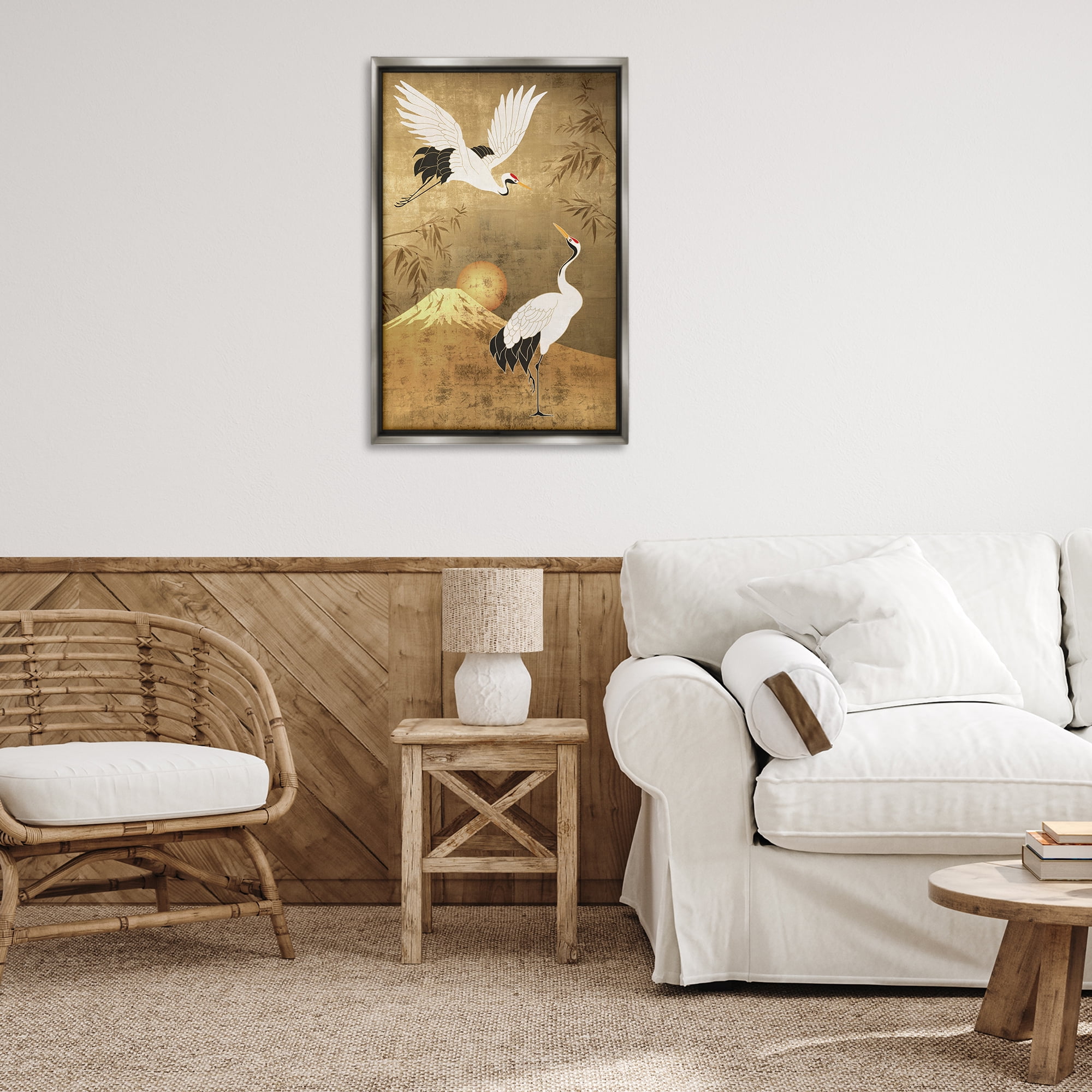 Stupell Industries Traditional Cranes & Mountain Animals Painting Gray Floater Framed Canvas Art Print Wall Art, 21 x 31