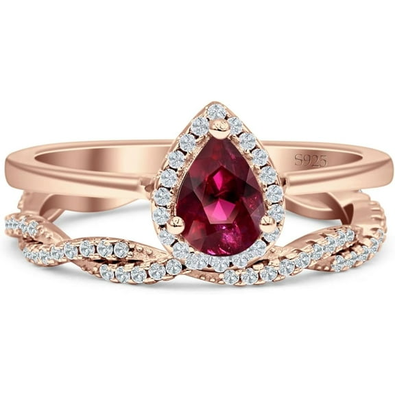 beryl_creation 14K Rose Gold Plated 2.20 Ct Pear Cut Red Ruby Christmas Thanksgiving Engagement Bridal Ring Set 925 Sterling Silver For Women's -6