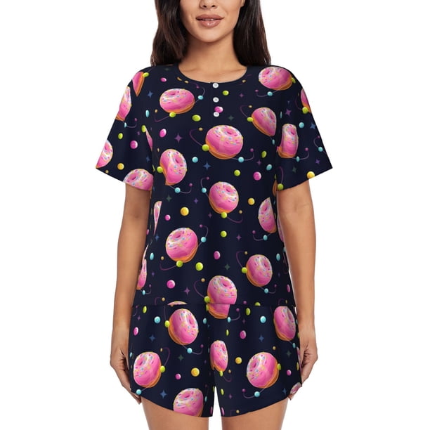 Fotbe Cartoon Donut Planets Conjunto de Pijama Estampado para Mujer, 2 Piezas, Ropa de Dormir con Camiseta de Manga Corta y Shorts Suaves-3X-Large