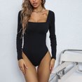 thumbnail image 3 of Cotonie Long Sleeve Bodysuit for Women, Tummy Control Leopard Shapewear Square Neckline Bodysuit Basic Jumpsuit Black M, 3 of 9