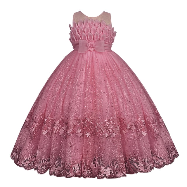 Robe de Bal de Fin d'Année pour Filles à Imprimé Floral, Élégante en Tulle avec Nœud et Ceinture, Robe Maxi de Princesse