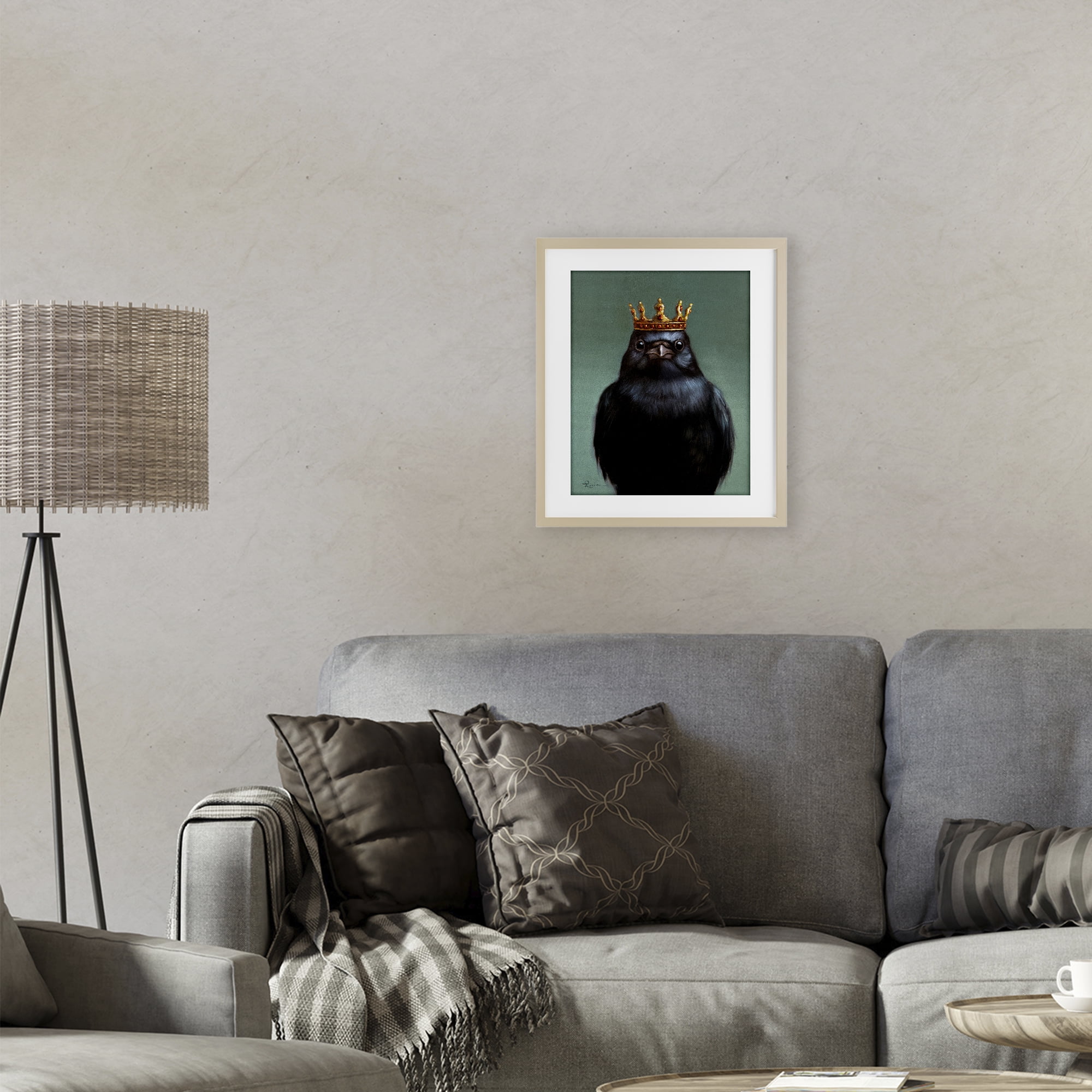 King Crow Portrait Birch Framed Print Under Glass, design by Lucia Heffernan
