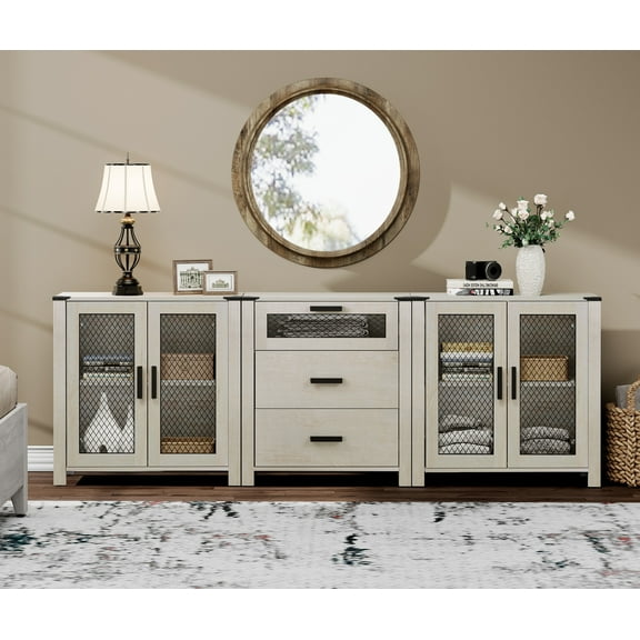 WAMPAT TV Stand set with Drawers for ups to 85 inch TV,Storage Cabinets with Adjustable Shelf , Media TV Console Table with 4 Mesh Door for Dining, Living and bed Room,Antique White