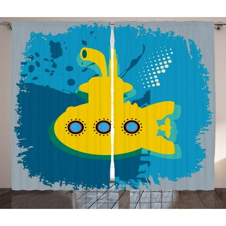 - Yellow Submarine Decor Curtains 2 Panels Set, An Illustration of a Submarine Bubbles Under the Sea Print, Window Drapes for Living Room Bedroom, 108W X 90L Inches, Mustard Petrol Blue, by Ambesonne