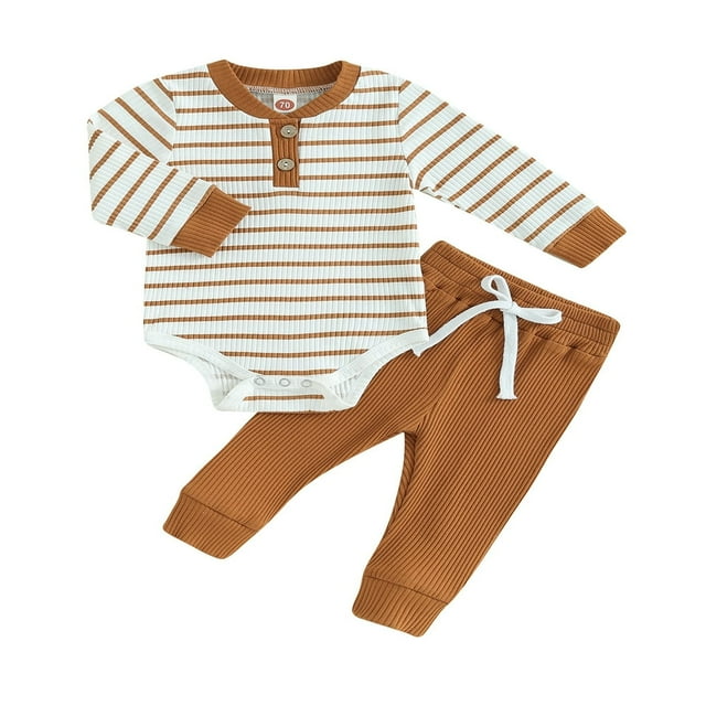 Newborn Baby Boys Girls 2PCS Clothes Sets Ribbed Long Sleeve Bodysuits Romper+Pants Toddler Outfits