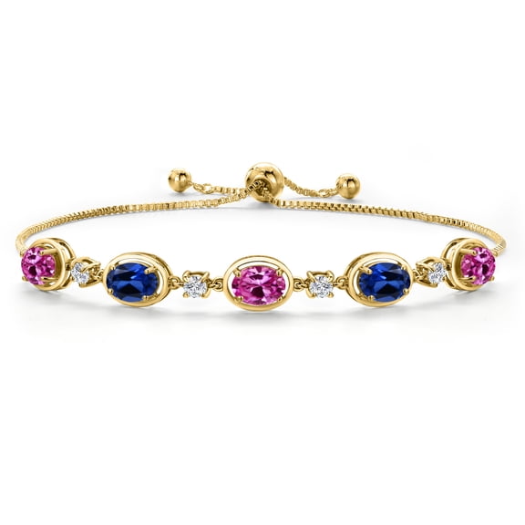 Gem Stone King 18K Yellow Gold Plated Silver Pink Created Sapphire and Blue Created Sapphire Bracelet for Women | 4.70 Cttw | Gemstone September Birthstone | Oval 7X5MM | Fully Adjustable 9 inch