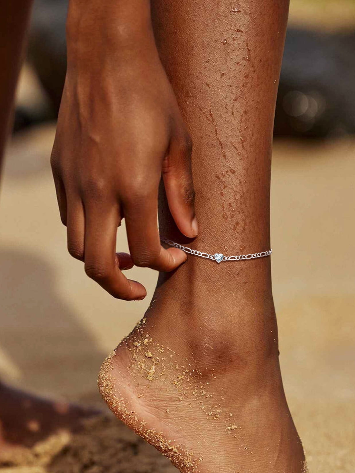 U7 Heart Anklet Bracelet for Women April White Diamond Sterling Silver Figaro Anklet Charming Summer Jewelry Gift Beach Foot Chain for Daughter