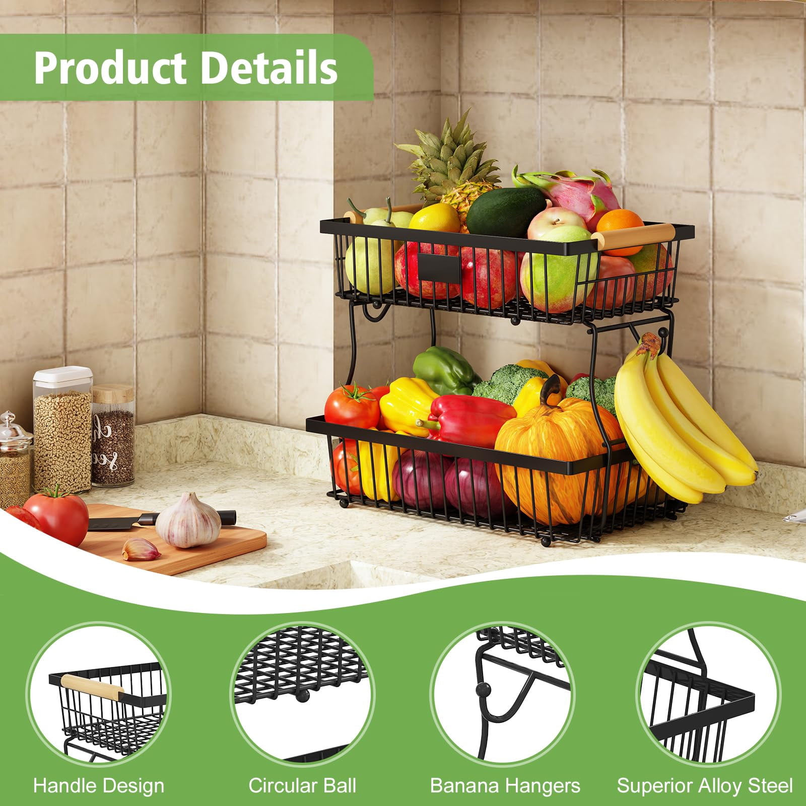 USIONE 2-Tier Detachable Metal Fruit Basket - Wooden Handle & 2 Banana Hangers, Extra Large for Kitchen Counter - Black
