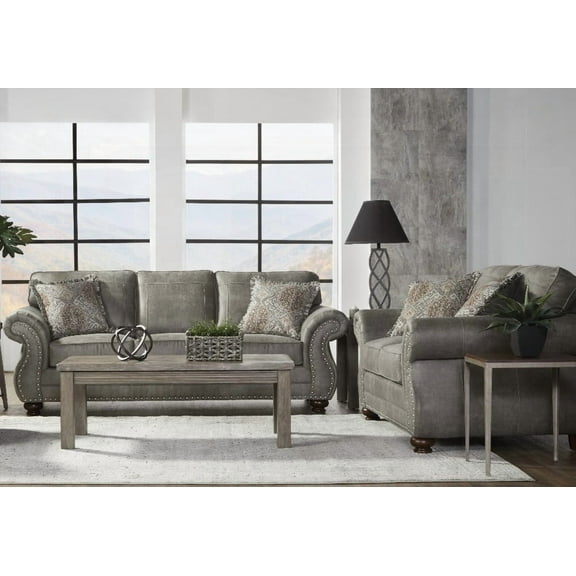 Leinster Faux Leather Living Set with Nailhead Trim|Sofa & Loveseat|Stone Gray