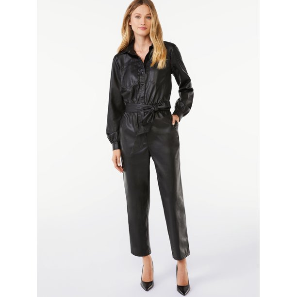 Scoop Women’s Faux Leather Jumpsuit