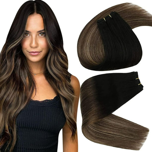 Sunny Sew in Hair Extensions Human Hair Natural Black Ombre Dark Brown with  Ash Brown 14 inch Hair Weft Remy Bundles 100g 