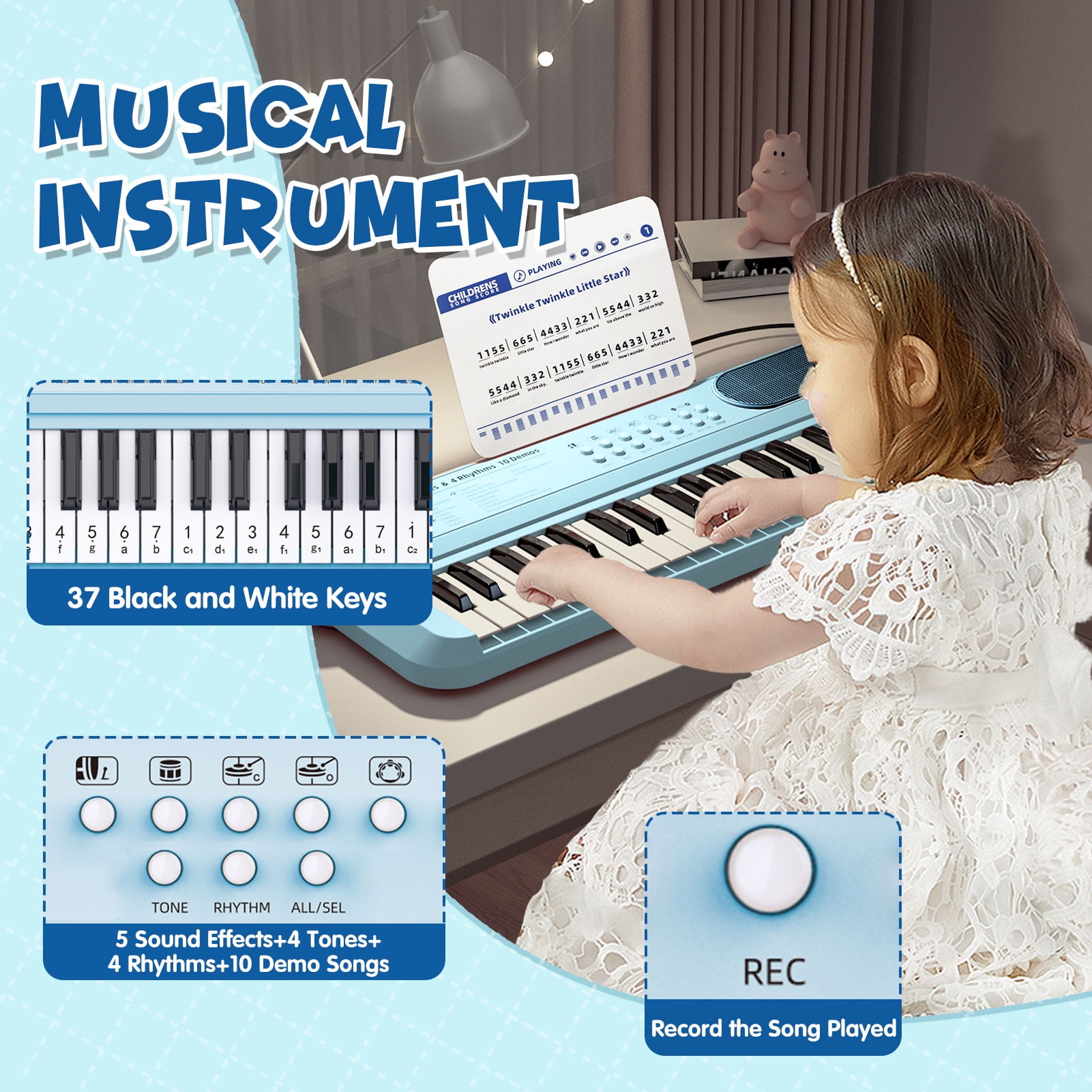 Baby Piano Toy for Toddler 1-3,37 Keys Electronic Keyboard for 18 Months Infant,Portable Piano with Microphone , Christmas Birthday Gift for Baby Boy Girl