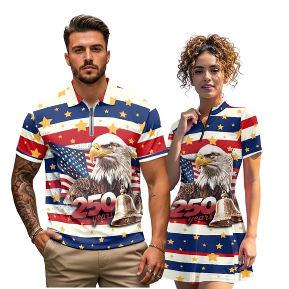 Binienty 250th Patriotic Eagle His and Hers Matching Golf Outfit Set Short Sleeve Men's Quarter Zip Shirt Women's Golf Skort Dress Summer Couple Activewear for Golf Pickleball Tennis