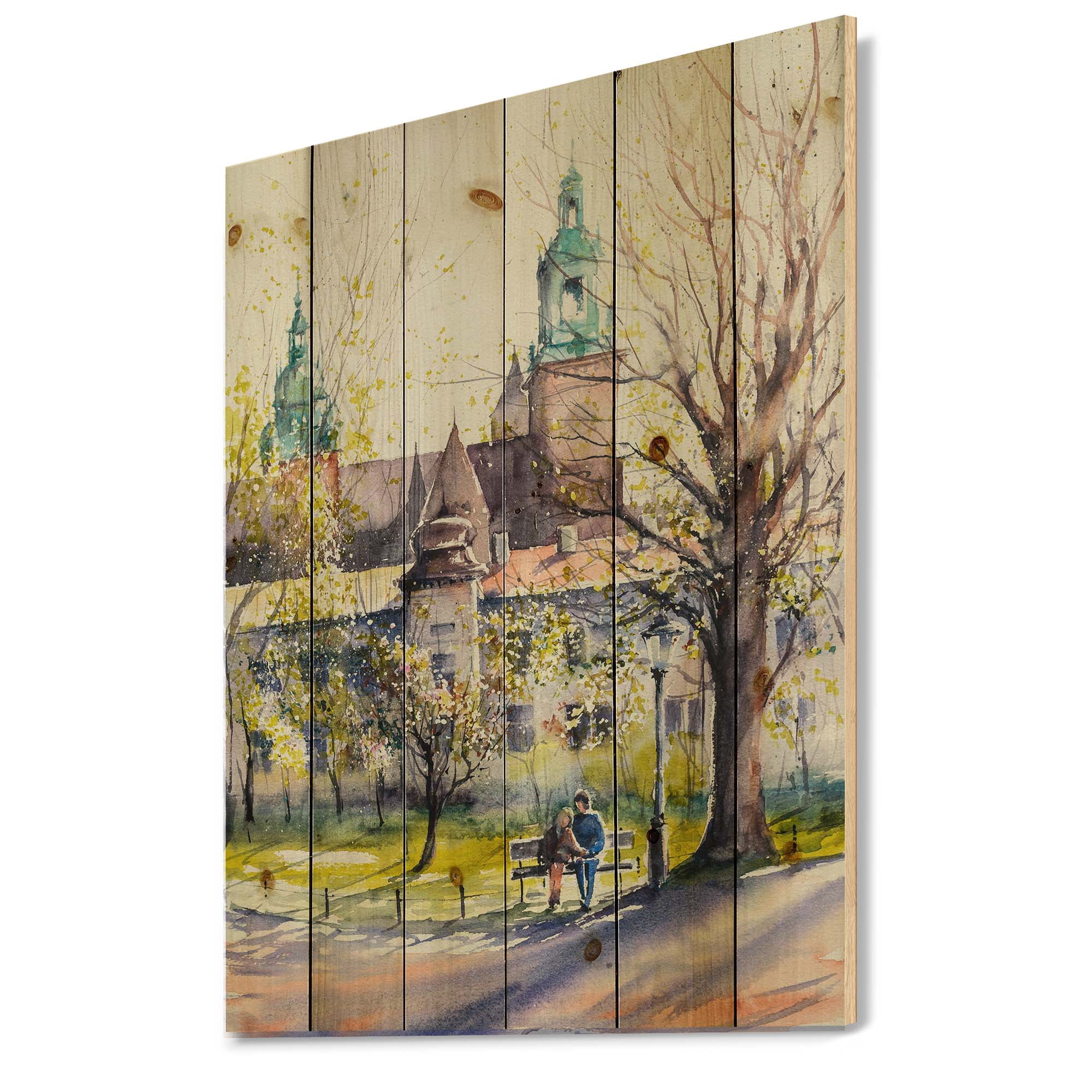 Designart 'Castel Through The Trees of The Park With Couple Sitting on Bench' Country Print on Natural Pine Wood