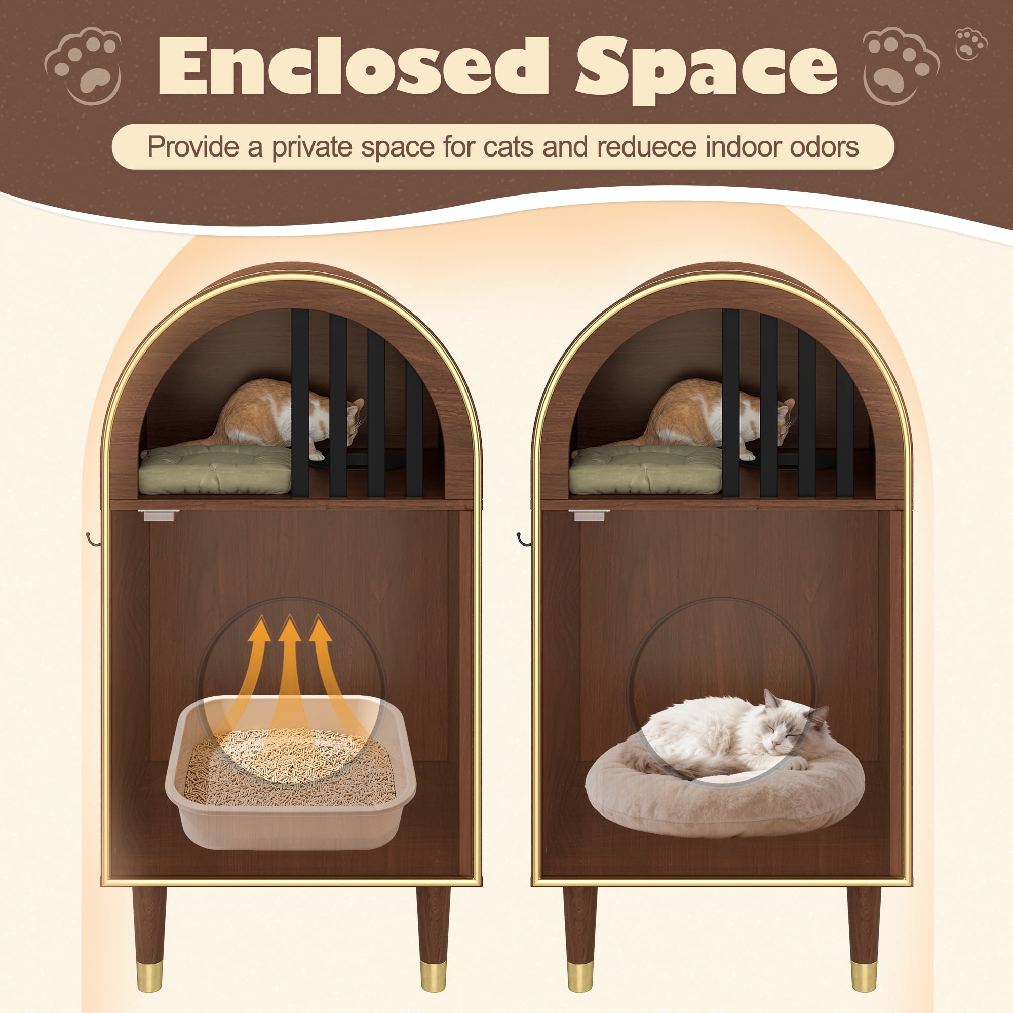 Cat Litter Box Enclosure 2-In-1 Condo Bed Two Level Haven 29.87LBS 44LBS Capacity Modern Arch Espresso Natural Wood Grain Dual Cat Shelter Furniture Side Hooks Plus Robot Vacuum Compatible For Home