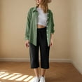 thumbnail image 2 of 2 Piece Linen Sets For Women Long Sleeve Button Up Collared Shirt And Drawstring Capris Outfits Fall Spring Loungewear Army Green 1 S, 2 of 5