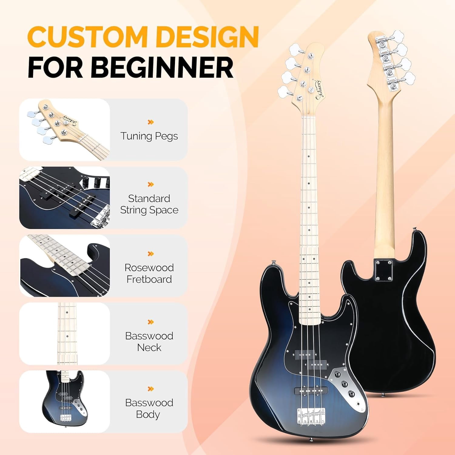 GLARRY 4 String GJazz Electric Bass Guitar Full Size Right Handed with Guitar Bag, Amp Cord and Beginner Kits (Burly Wood)